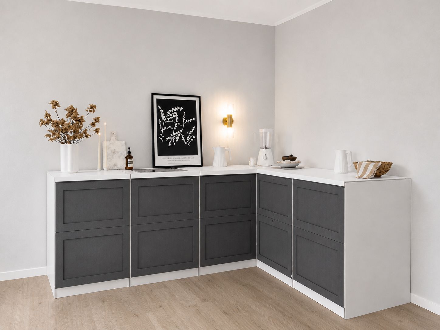 Cuisine d’angle en carton – forme en L 240 × 180 cm pour le Home Staging et la photographie immobilière
