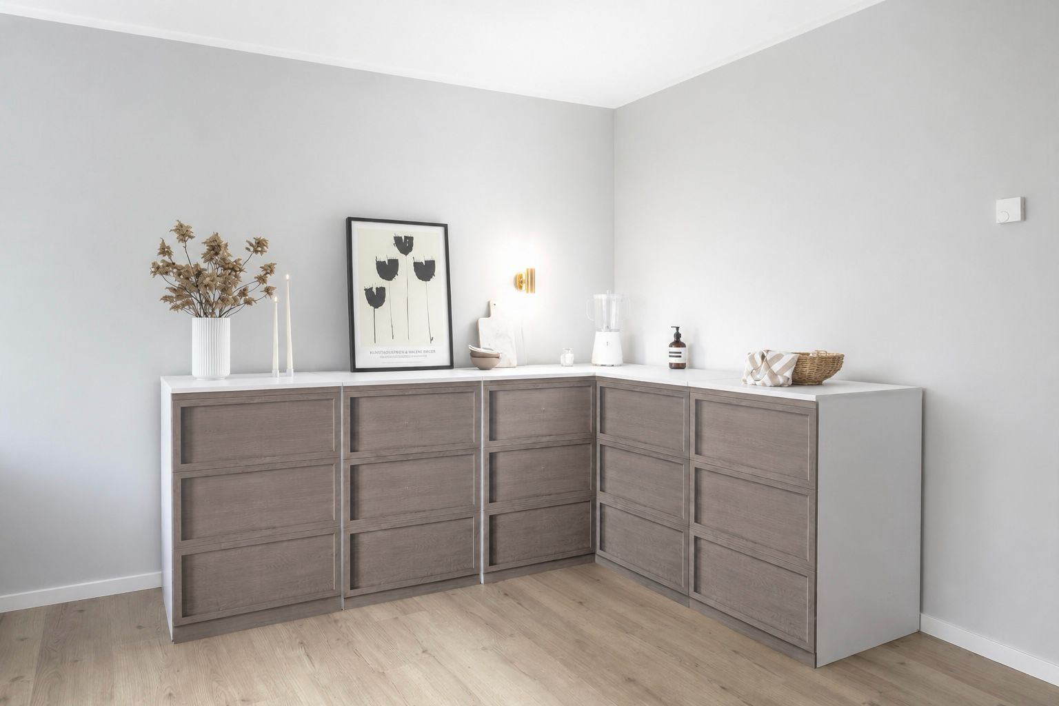 Cuisine d’angle en carton – forme en L 240 × 180 cm pour le Home Staging et la photographie immobilière