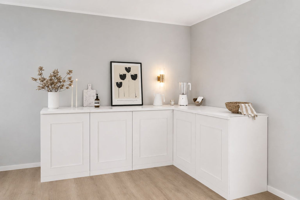 Cuisine d’angle en carton – forme en L 240 × 180 cm pour le Home Staging et la photographie immobilière
