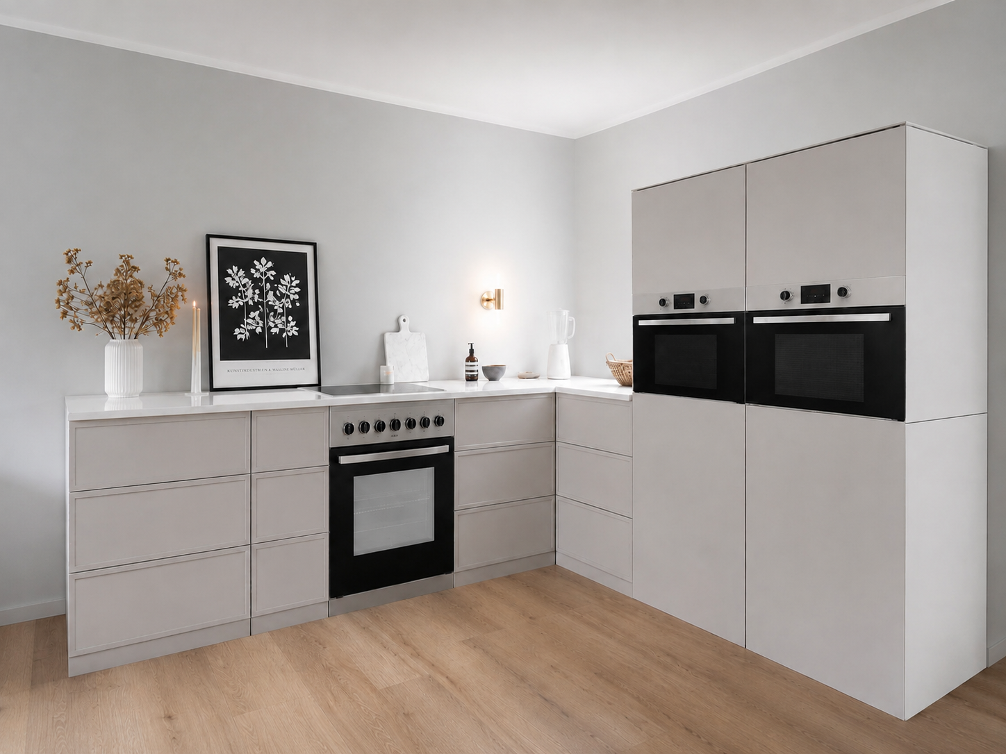 Cuisine en carton 270 × 240 cm avec deux colonnes en beige pour le Home Staging