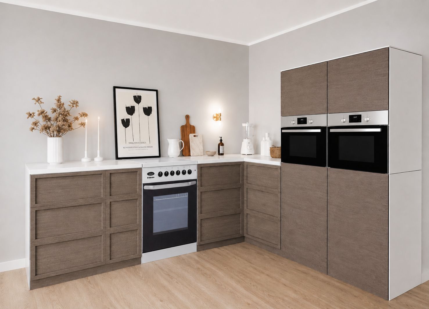 Cuisine en carton 270 × 240 cm avec deux colonnes effet bois pour le Home Staging