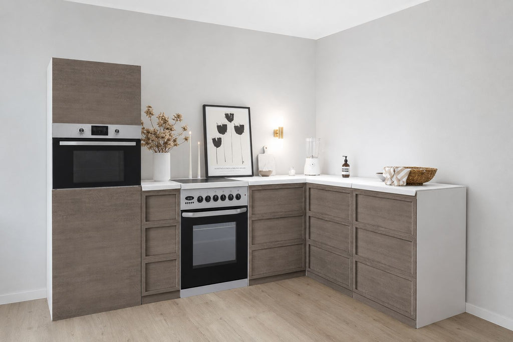 Cuisine d'angle en carton 270 × 180 cm avec colonne et maquette de cuisinière | Home Staging