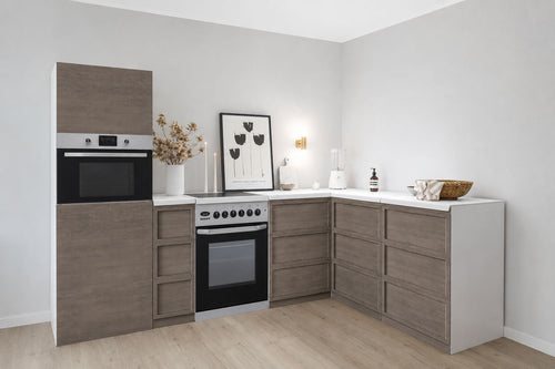 Cuisine d'angle en carton 270 × 180 cm avec colonne et maquette de cuisinière | Home Staging