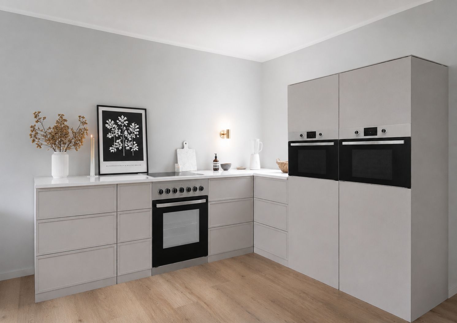 Cuisine d'angle en carton 270 × 240 cm – Cuisine Home Staging premium avec 2 colonnes et maquette de cuisinière