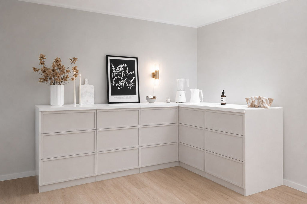 Cuisine d’angle en carton – forme en L 240 × 180 cm pour le Home Staging et la photographie immobilière