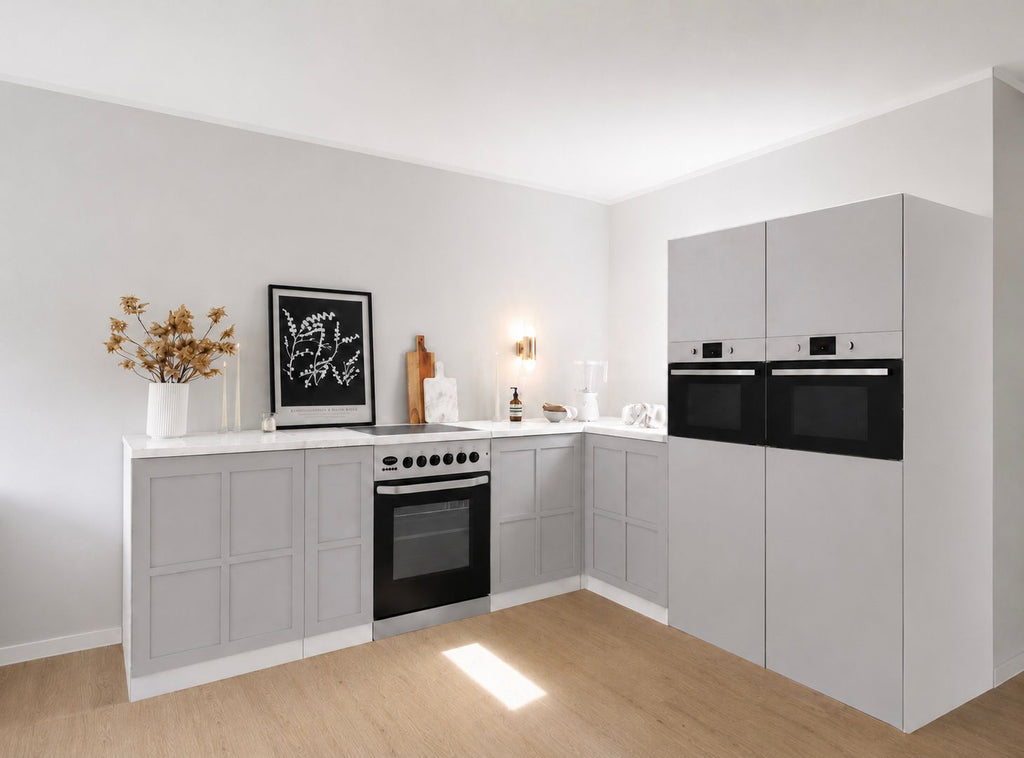 Cuisine d'angle en carton 270 × 240 cm – Cuisine Home Staging premium avec 2 colonnes et maquette de cuisinière