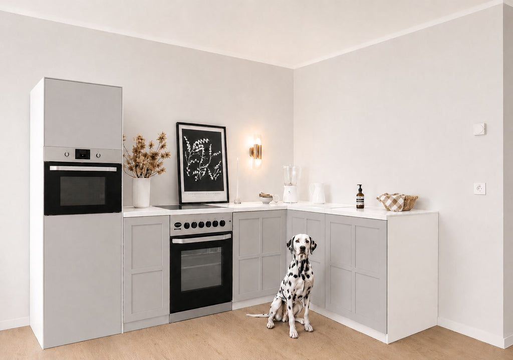 Cuisine d'angle en carton 270 × 180 cm avec colonne et maquette de cuisinière | Home Staging
