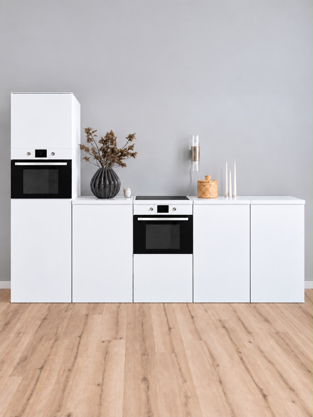 Cuisine ESSENTIAL blanche en carton 300 cm avec colonne